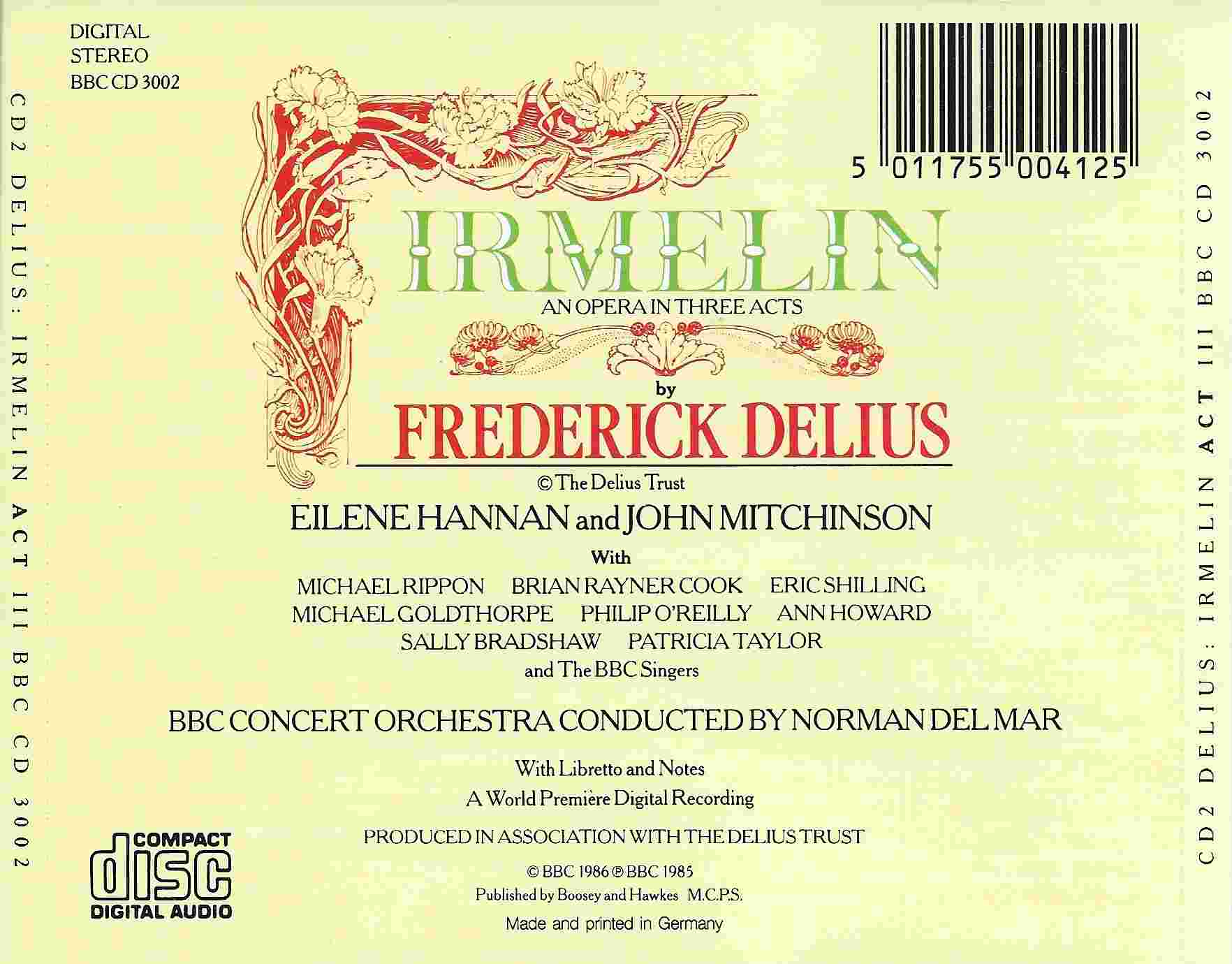 Picture of BBCCD3002 Irmelin by artist Frederick Delius from the BBC records and Tapes library